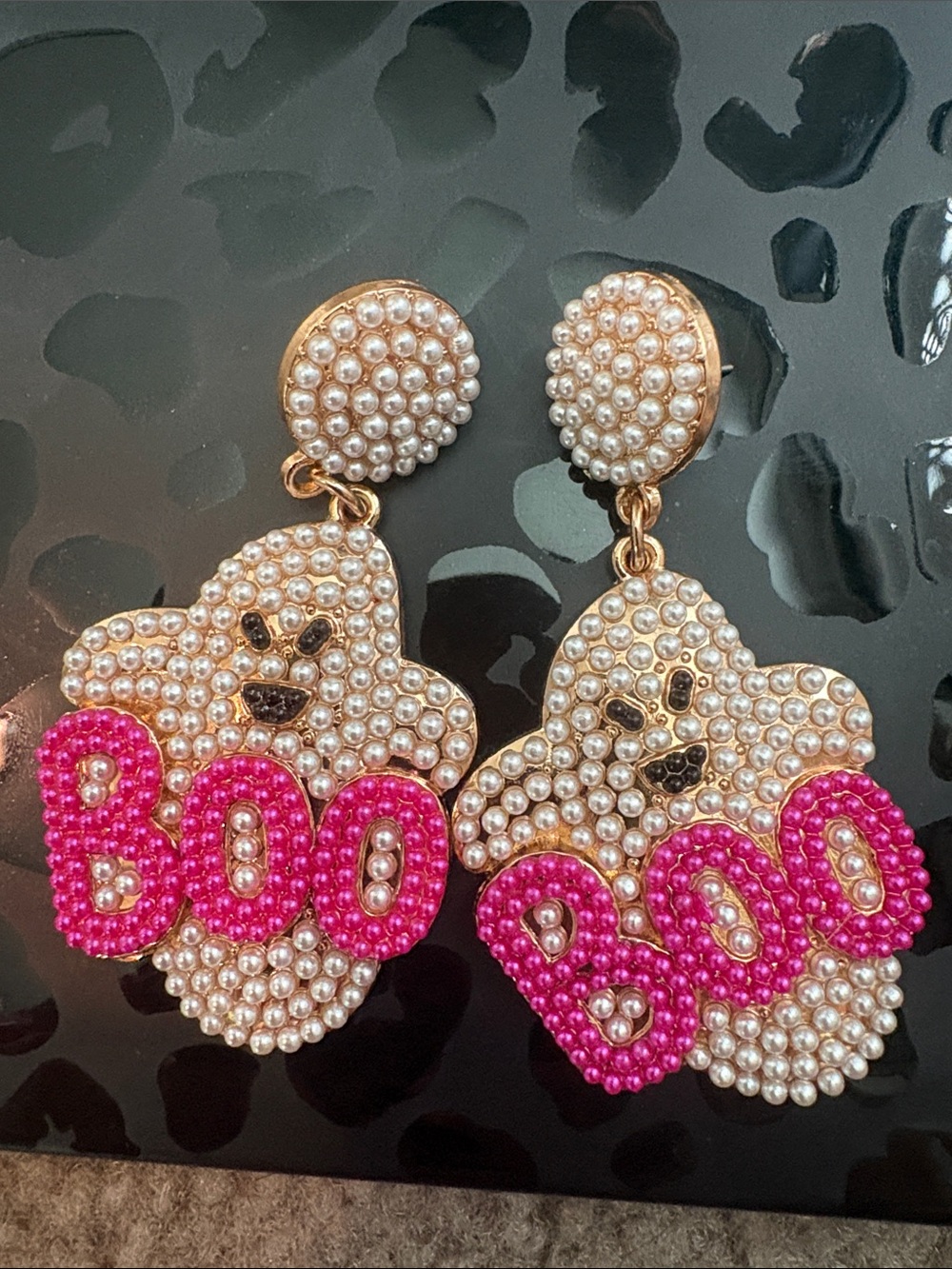 Pearl 'BOO' Ghost Drop Earrings - Pink & Gold